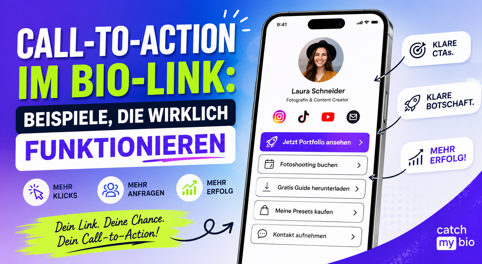 Call-to-Action im Bio-Link mit Smartphone-Mockup, CTA-Buttons und CatchMyBio Branding für mehr Klicks, Anfragen und Conversions