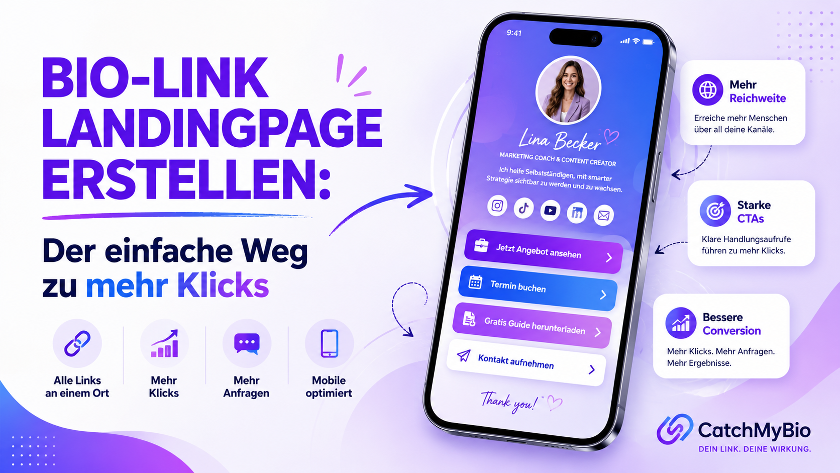 Bio-Link Landingpage mit Smartphone-Mockup, CTA-Buttons und CatchMyBio Branding für mehr Klicks und Anfragen.